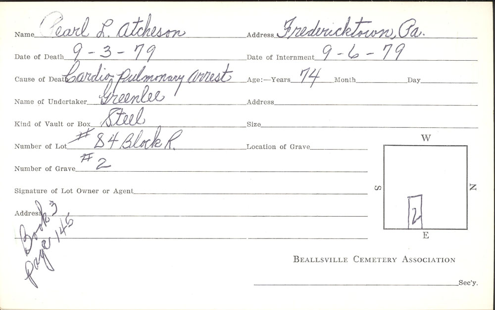Pearl L. Atcheson burial card